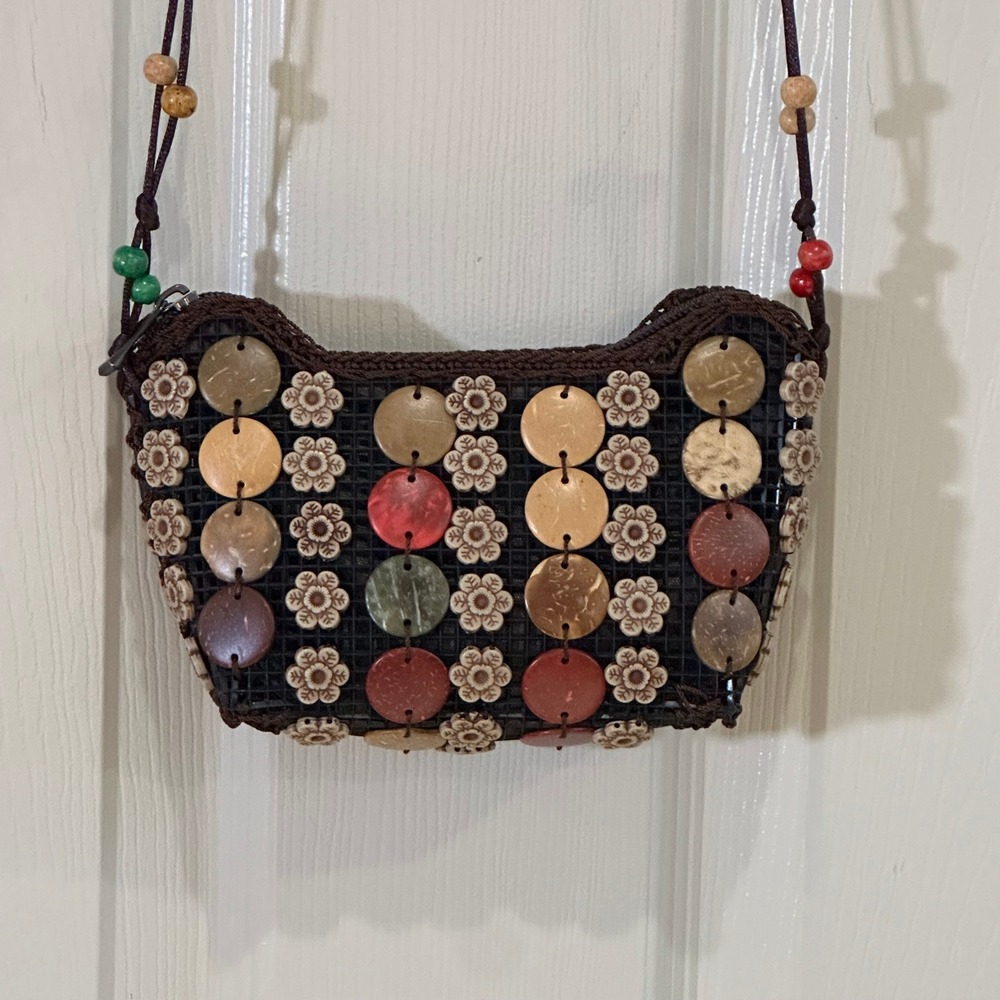Boho Coconut Shell Floral Wood Bead Crossbody Bag Brown Mesh Festival Purse